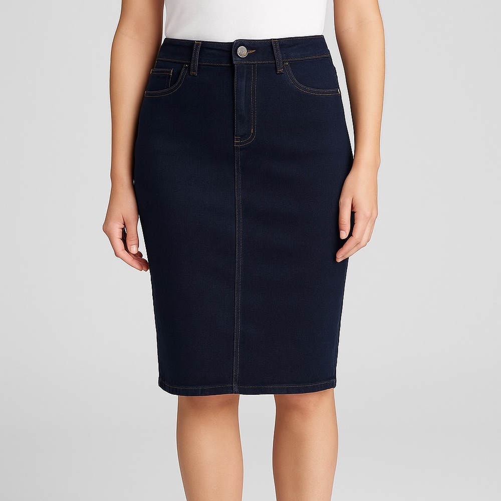 Miss Bottom Dark Wash Stretch Denim Pencil Skirt – Size 14